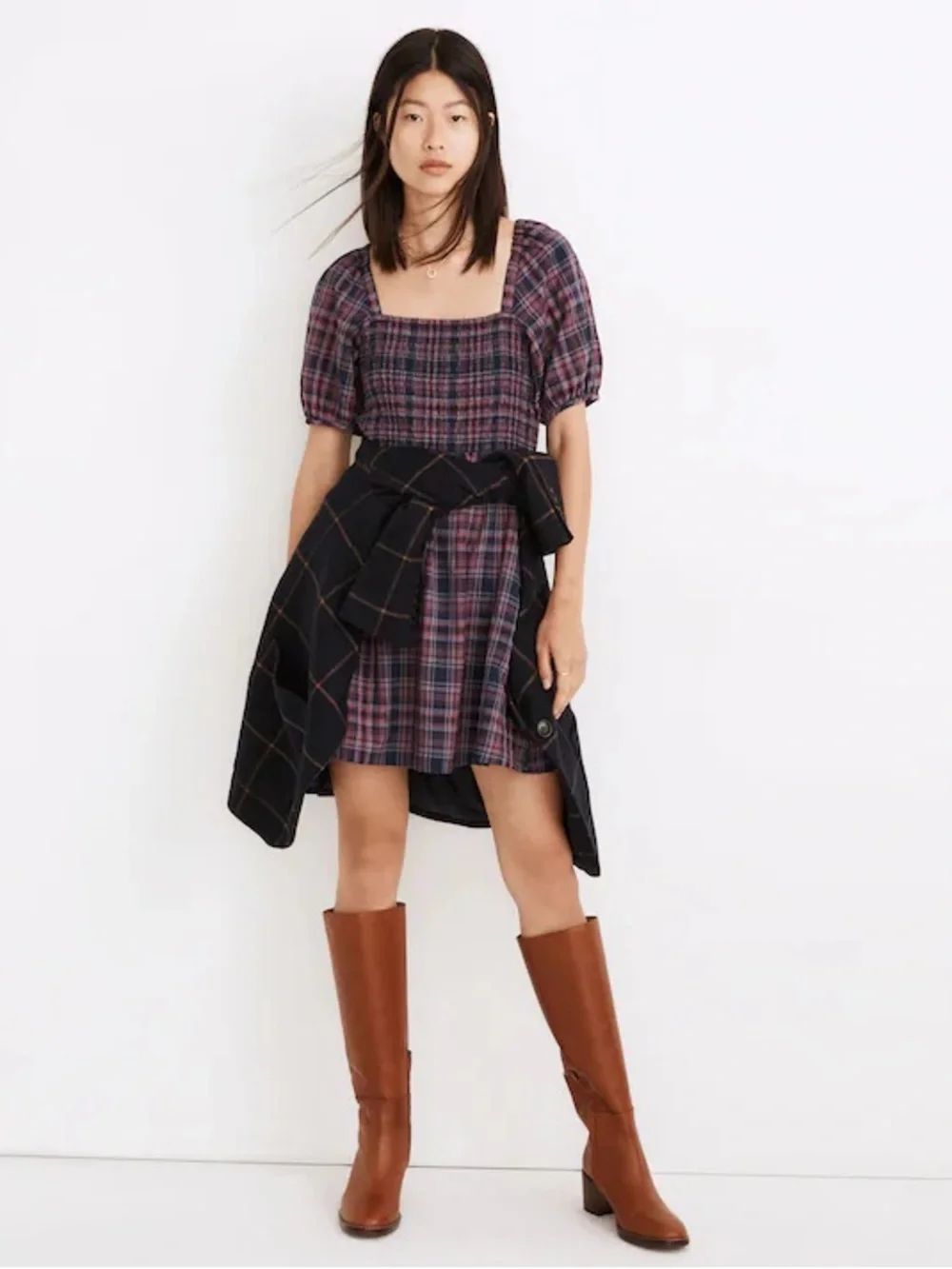 Madewell Lucie Puff-Sleeve Smocked Mini Dress in Rockfern Plaid Size M - Picture 1 of 8